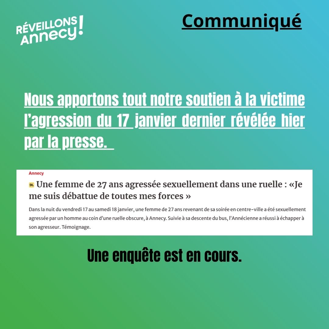 Communiqué. Nous apportons tout notre soutien à la victime l’agression du 17 janvier dernier révélée hier par la presse. Une enquête est en cours.